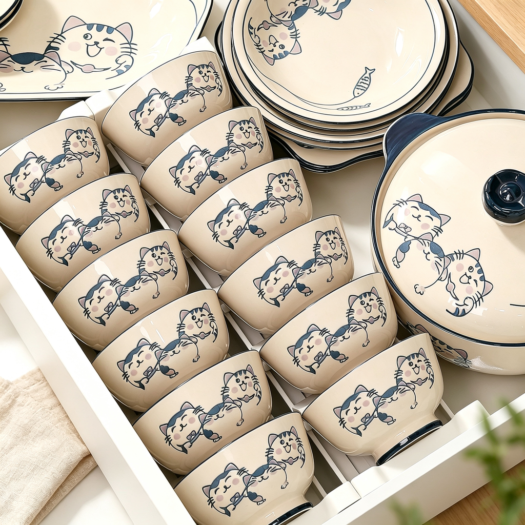 Playful Cat Print Bowl and Plate Set