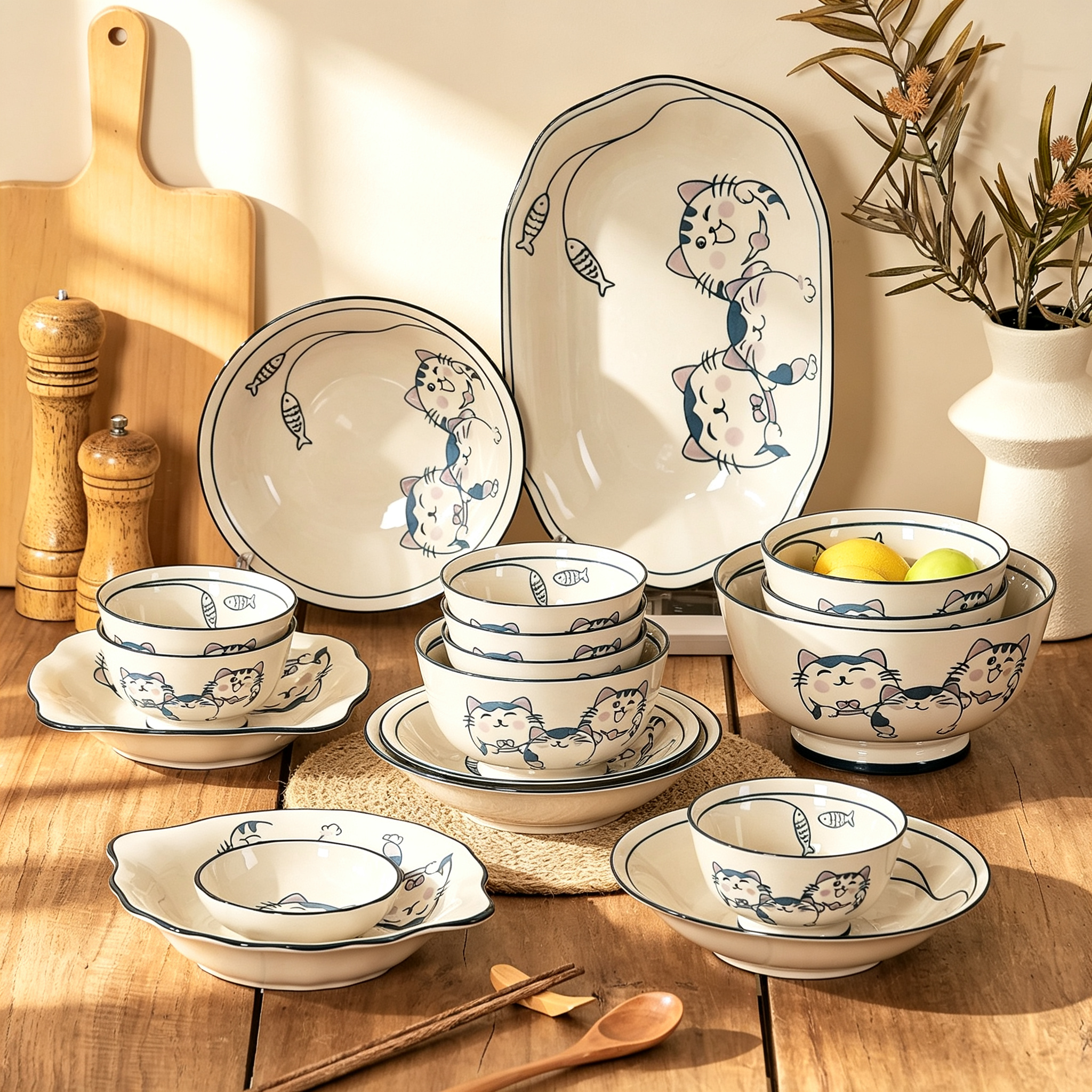 Playful Cat Print Bowl and Plate Set